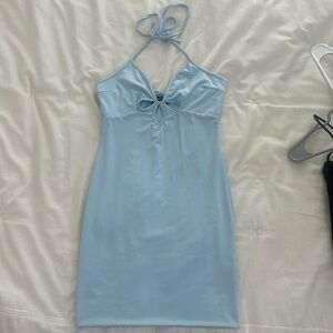Light / Baby Blue White Fox Dress Cut Outs Tie Around Neck Open Back Bodycon